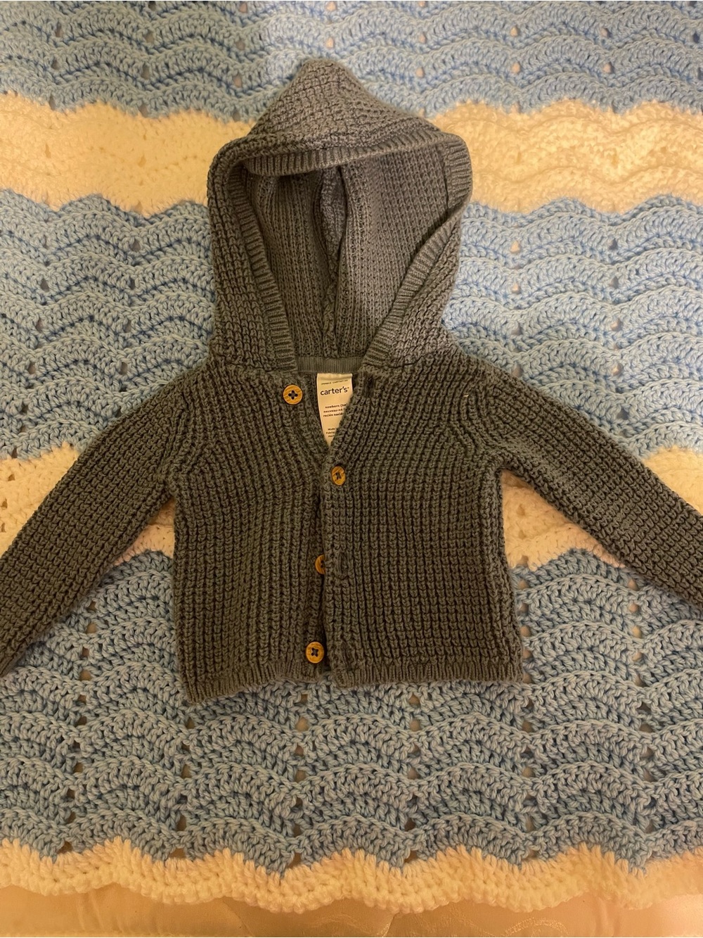 Carter's Blue Hooded Knit Cardigan with Wood Buttons